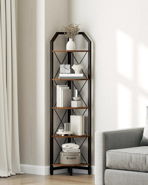 Space Saving Five Tier Corner Shelf With Industrial Edge Tall 59.4 Inch Plant Display Stand And Bookcase In Rustic Brown And Black Finish