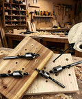 Seven Piece Heavy Duty Countersink Drill Bit Set Rock Solid High Speed Steel displayed on wood, showing clean cuts and chamfered holes.