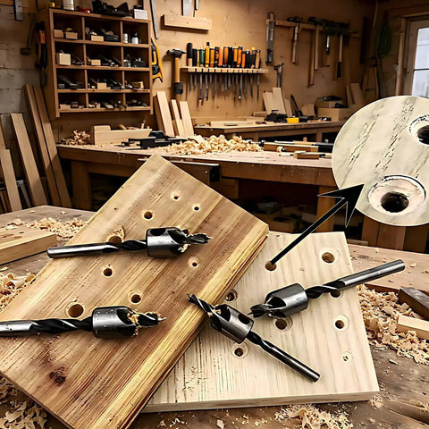 Seven Piece Heavy Duty Countersink Drill Bit Set Rock Solid High Speed Steel displayed on wood, showing clean cuts and chamfered holes.