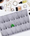 Large Grey Velvet Jewelry Tray With 18 Grid Dividers For Necklace And Watch Storage Soft Lined Organizer Dish with rings.