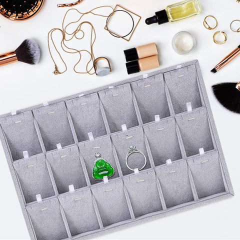 Large Grey Velvet Jewelry Tray With 18 Grid Dividers For Necklace And Watch Storage Soft Lined Organizer Dish with rings.