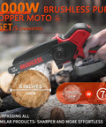 Cordless Mini Chainsaw With Dual 6 And 8 Inch Bars, 1000W Brushless Motor, shown cutting wood, 15 ft/s chain speed