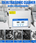 15L Ultrasonic Cleaner With Heater And Degassing, 110V 360W Workhorse for automotive parts, 40kHz stainless steel tank shown