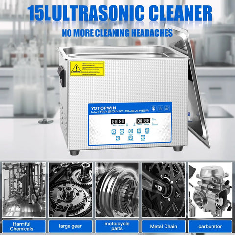 15L Ultrasonic Cleaner With Heater And Degassing, 110V 360W Workhorse for automotive parts, 40kHz stainless steel tank shown