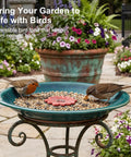 Ceramic Bird Bath And Feeder For Outdoor Gardens 12.2 Inch Diameter 2 Inch Depth Blue With Red Flower Shallow Bowl Outdoor