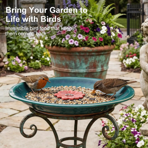 Ceramic Bird Bath And Feeder For Outdoor Gardens 12.2 Inch Diameter 2 Inch Depth Blue With Red Flower Shallow Bowl Outdoor