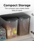 Two Pack Dog Food Storage Containers With Airtight Seal And Rolling Wheels Holds Up To 30 Lbs Each One Hand Open BPA Free Made In USA Clear And Black shown in kitchen cabinet