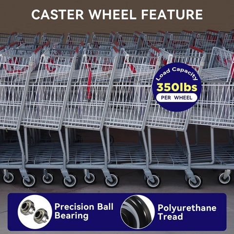 Shopping carts with 5 Inch Shopping Cart Wheels Replacement Set With Five Sixteenth Inch Axle Polyurethane Casters 1400 Lbs Total Capacity Abrasion Resistant Silent Shock Absorber For Smooth Quiet Rolling And Extended Wheel Life, showing load capacity and features.