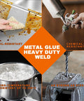 5 Minute Metal Glue Heavy Duty Waterproof Epoxy Adhesive in use showcasing oil, chemical, high-temperature, and steel resistance.