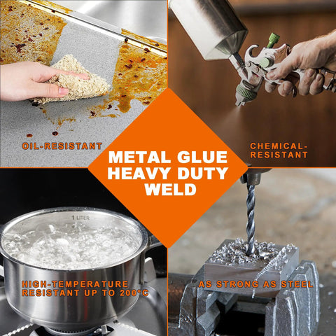 5 Minute Metal Glue Heavy Duty Waterproof Epoxy Adhesive in use showcasing oil, chemical, high-temperature, and steel resistance.