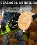 Smooth Operator 40 Volt Cordless Electric Chainsaw With 14 Inch Guide Bar And Brushless Motor cutting through log.