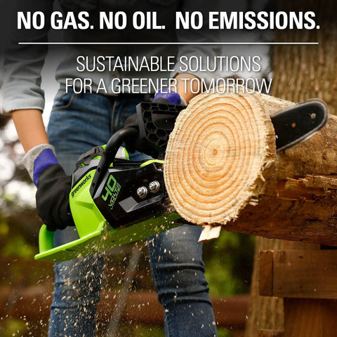 Smooth Operator 40 Volt Cordless Electric Chainsaw With 14 Inch Guide Bar And Brushless Motor cutting through log.