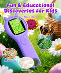 Portable Kids Microscope With 2 Inch Screen And 1080P Autofocus, showing live view of leaf, surrounded by photos of discoveries.