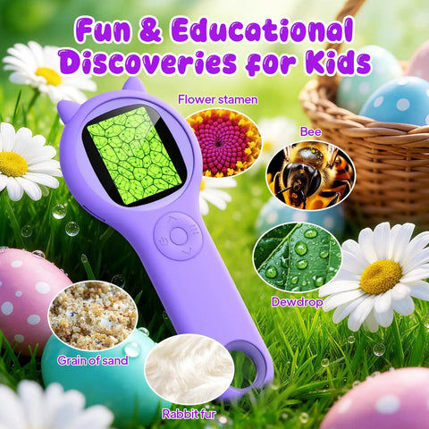 Portable Kids Microscope With 2 Inch Screen And 1080P Autofocus, showing live view of leaf, surrounded by photos of discoveries.