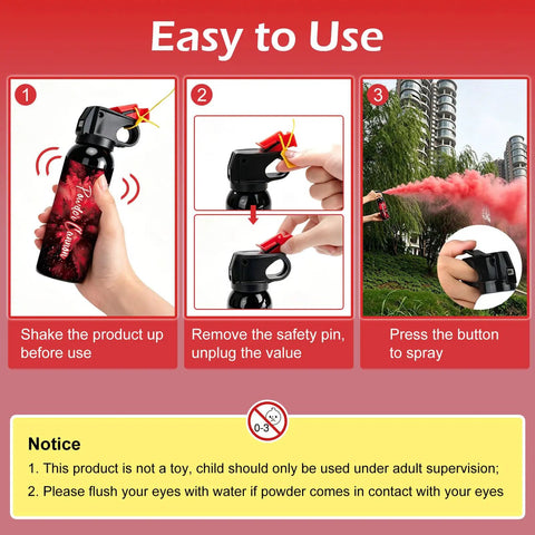 Instructions for using Game Changing Red Smoke Powder Cannon For Gender Reveals And Baby Showers With Authentic Fire Extinguisher Shape.