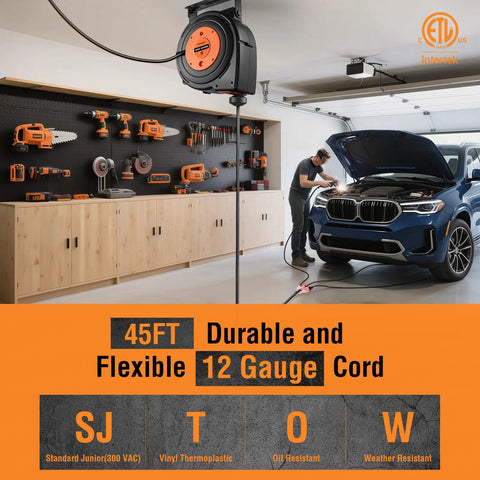 Beefy 45 Foot Retractable Extension Cord Reel With 12 Gauge 3 Conductor SJTOW Power Cord 15 Amp Breaker Lighted Triple Tap Ceiling Or Wall Mount ETL Listed Bright Orange in a garage scene