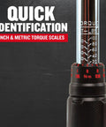 Torque Wrench With Three Eighths Inch Drive, Pro-Grade Portable Case, showing inch and metric torque scales and settings.