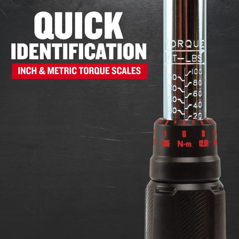 Torque Wrench With Three Eighths Inch Drive, Pro-Grade Portable Case, showing inch and metric torque scales and settings.