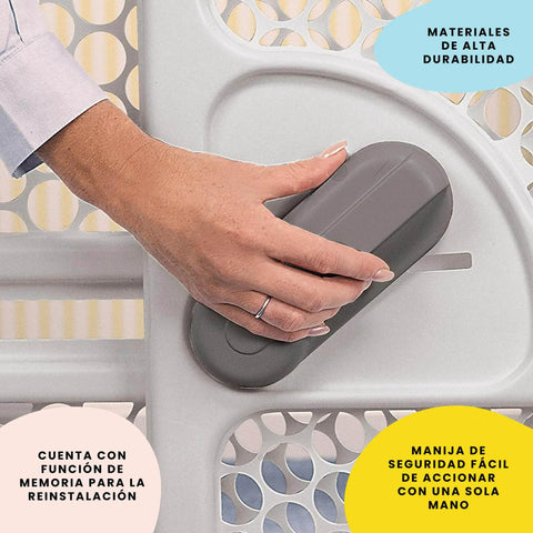 Hand operating one-hand lock on pressure mounted easy fit baby gate with memory feature fits 28 to 40 inches taupe one hand lock