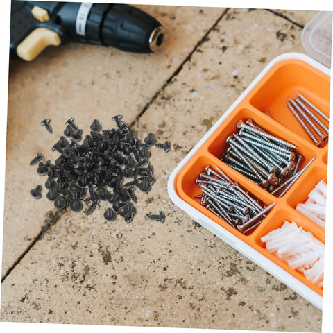 100 Piece Mini Machine Screws For Furniture Repair And DIY Projects on a workshop surface with assorted fasteners in a container.