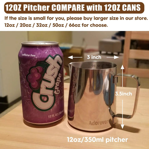 12oz Stainless Steel Milk Frothing Pitcher Set With Latte Art Pen next to 12oz grape soda can for size comparison