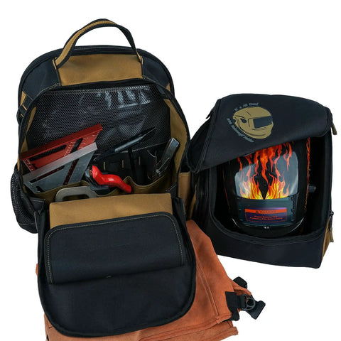 Heavy Duty Welding Backpack With Removable Helmet Bag And Mega Capacity Built Tough With Military Grade Fabric open view