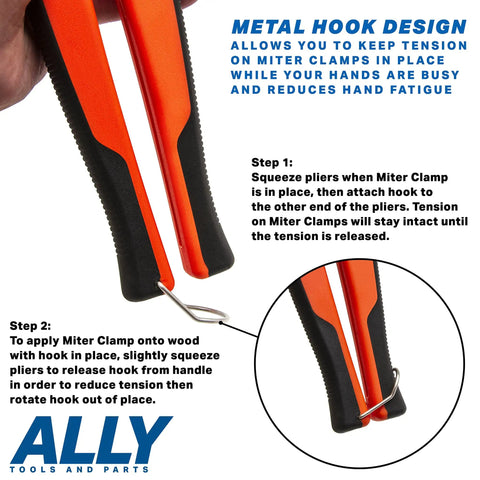 Big Hand Friendly Miter Spring Clamp Pliers With 16 Clamps And 8 Inch Long Handles showing metal hook design in use