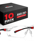 Clear Anti Fog Safety Glasses for Men and Women with scratch resistant wraparound lenses and adjustable temples, ANSI Z87 certified box.