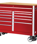 Rock Solid Heavy Duty Industrial Rolling Tool Chest Workbench Cabinet With 12 Spacious Drawers And Thick Hardwood Top In Glossy Red Finish on wheels