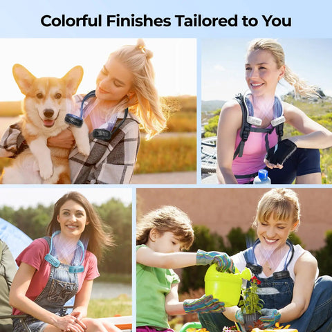 Various people enjoying a Portable Neck Fan for Hands Free Cooling, Lightweight Wearable Personal Fan with 360 Degree Adjustability and Ultra Quiet.