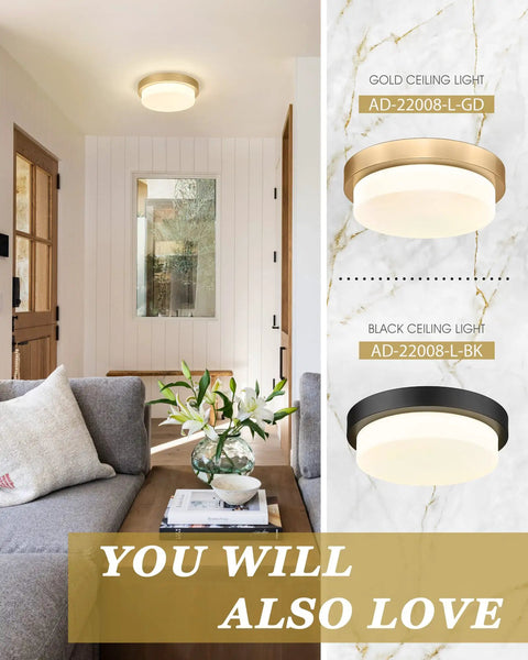 Dope Gold Brass Flush Mount Ceiling Light With 13 Inch Close To Ceiling LED Fixture Dimmable 24W 2200Lumen showcased in living room.