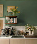 Kitchen with dark green removable peel and stick wallpaper contact paper for walls, cabinets, renter friendly textured solid color.