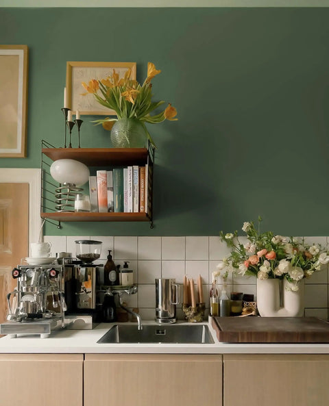 Kitchen with dark green removable peel and stick wallpaper contact paper for walls, cabinets, renter friendly textured solid color.