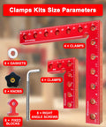 Eight Piece Aluminum Corner Clamps Set For Fine Woodworking Projects Precision Cnc Machined 90 Degree Square Jig Tools For Cabinets Drawers Slick Carry Case Included Badass Grip Accuracy Top Shelf Gear. Red clamp kit components, including clamps, gaskets, knobs, and screws.