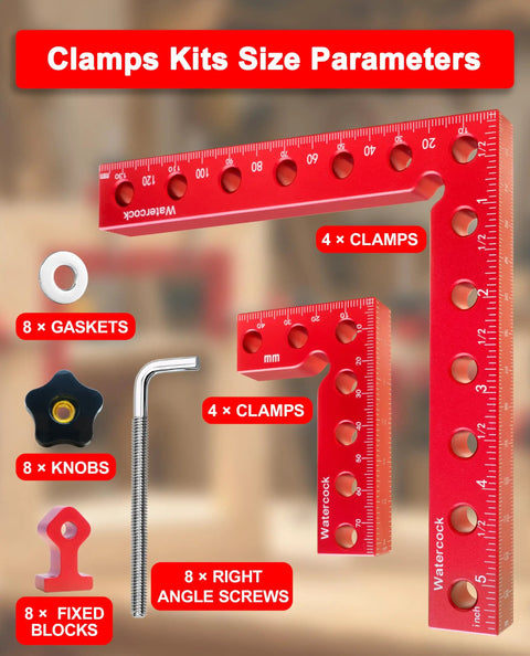 Eight Piece Aluminum Corner Clamps Set For Fine Woodworking Projects Precision Cnc Machined 90 Degree Square Jig Tools For Cabinets Drawers Slick Carry Case Included Badass Grip Accuracy Top Shelf Gear. Red clamp kit components, including clamps, gaskets, knobs, and screws.