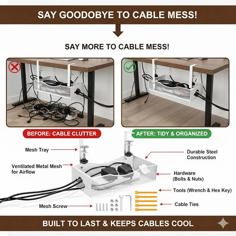 Diagram showing Extra Wide Under Desk Cable Management Tray With No Drill Install For Office And Home Desks White XL Cord Organizer.