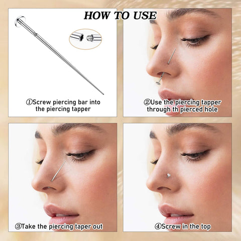 Instructions for using the Piercing Taper Ball Grabber Tool And Jewelry Changing Kit 16G 18G 20G on a nose piercing