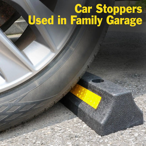 2 Pack Garage Parking Stopper For Garage And Driveway, 16.9 Inch Wheel Stop Bumper With Reflective Yellow Strip, Dope Durable Rubber Car Parking Aid To Protect Walls And Vehicle, Easy Install With Screws