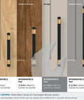 Mergence Cabinet Pull in Matte Black Champagne Bronze displayed on various wood finishes in 5-1/16 in center to center size.