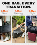 Person carrying 30L Hybrid Weekender Duffel With Garment Bag Shoe Compartment And 18 Inch Laptop Sleeve For Under Seat Carry On Travel From Gym To Boardroom An All In One Bag That Keeps Work Gear Workout Gear And Essentials Organized On The Go.
