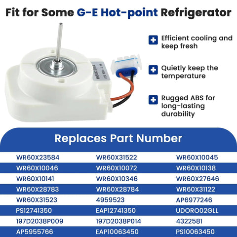 Replacement Refrigerator Evaporator Fan Motor For Common Refrigerator Models Replaces WR60X31522 And WR60X23584 PS12741350 AP6977246 4959523 SM10141 1 Year Warranty By Fetechmate shown with specifications and part numbers.