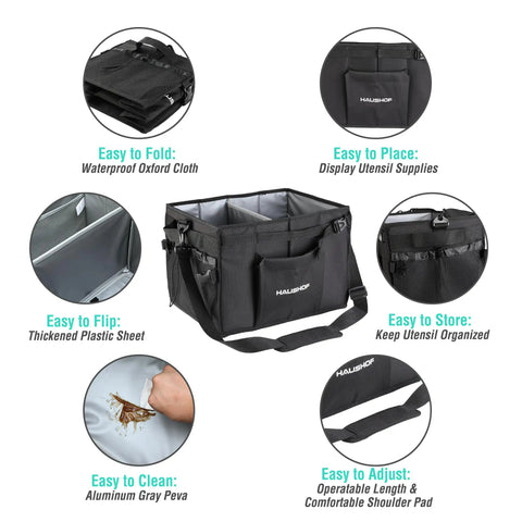 Large Grill And Picnic Caddy With Paper Towel Holder And Condiment Pockets Foldable Bbq Organizer for outdoor use.