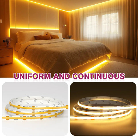Room with Warm White Cob LED Strip Light 2700K 10m Ultra Dense 5120 LEDs Per Roll 24V DC for seamless glare-free lighting