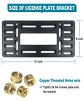 Size diagram of Universal Front License Plate Bracket Kit, 12x6 inches, with copper threaded inserts.