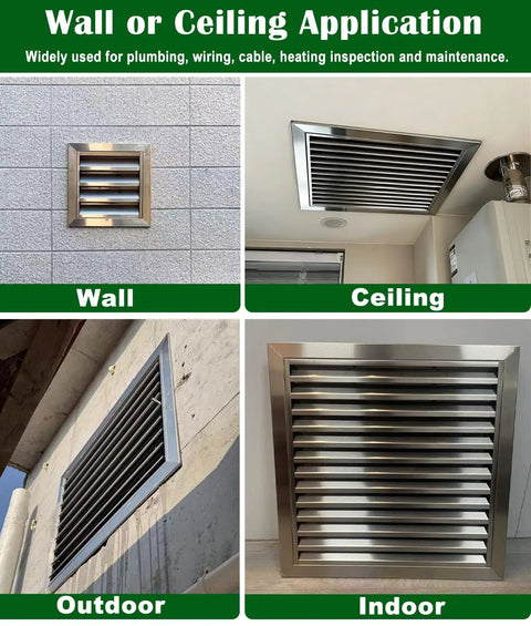 Heavy Duty Removable Access Panel With Detachable Hatch And Louvered Gable Vent For House Wall Or Workshop Stainless Steel 26x35 Inch, shown mounted on wall and ceiling.