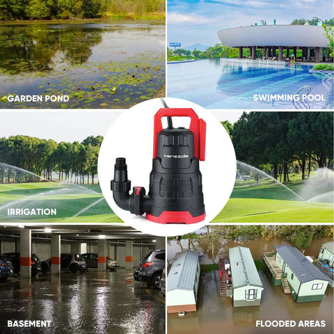 Heavy Duty 1HP Submersible Sump Pump Handles 3960 GPH Grind Inside A Tough Thermoplastic Shell for garden pond, swimming pool, and irrigation.