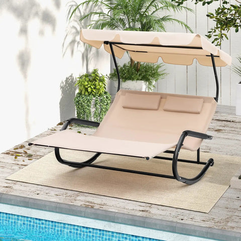 Two Person Outdoor Lounge Chair With Adjustable Canopy, Wheels, Detachable Pillows, Extra Large Double Patio Hammock Bed by the pool