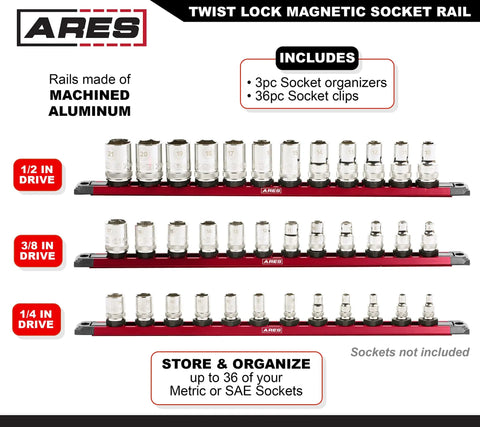 15.5 Inch Red Twist Lock Magnetic Socket Rail Set For Toolbox Organization, Holds 36 Sockets displayed with socket clips