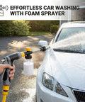 Cordless Pressure Washer Gun With 360 Degree Rotating Nozzle spraying foam on car, showing ergonomic grip and universal hose compatibility.