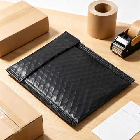 100 Pack 5 By 6 Inch Black Poly Bubble Mailers Self Seal Padded Envelopes Waterproof Shipping Bags on desk with packaging supplies